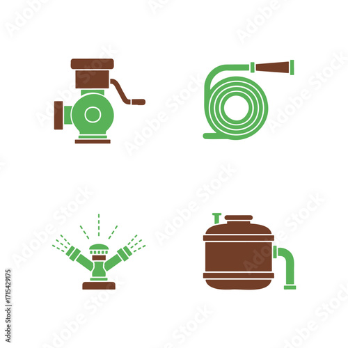 Set of green and brown icons depicting various gardening and irrigation tools and equipment.