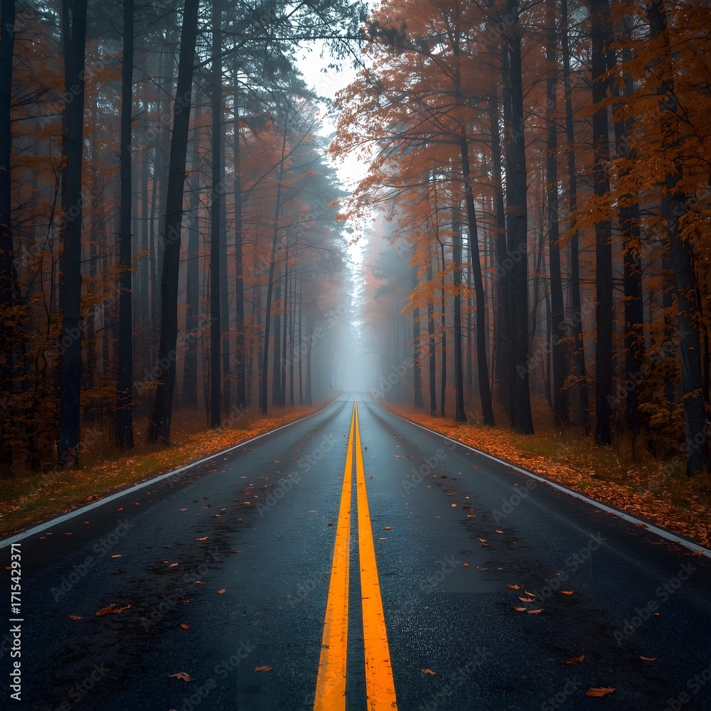 Fototapeta premium Misty autumn forest road with double yellow lines disappearing into foggy horizon, peaceful travel concept, scenic nature landscape with trees in fall colors and moody atmosphere