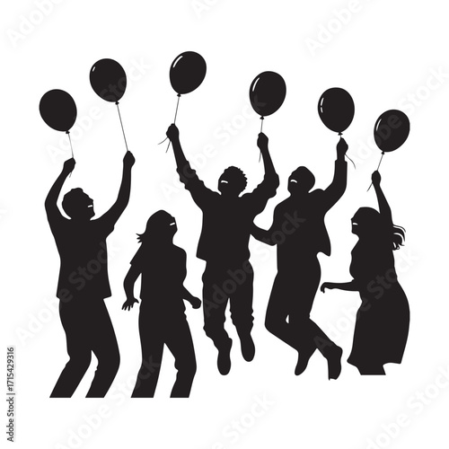 Silhouette of a diverse group of people celebrating with balloons.