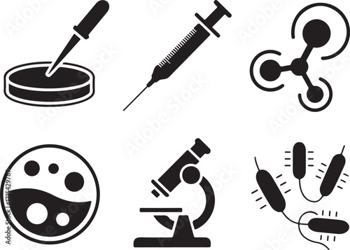 Scientific research icons: microscopy, chemistry, biology