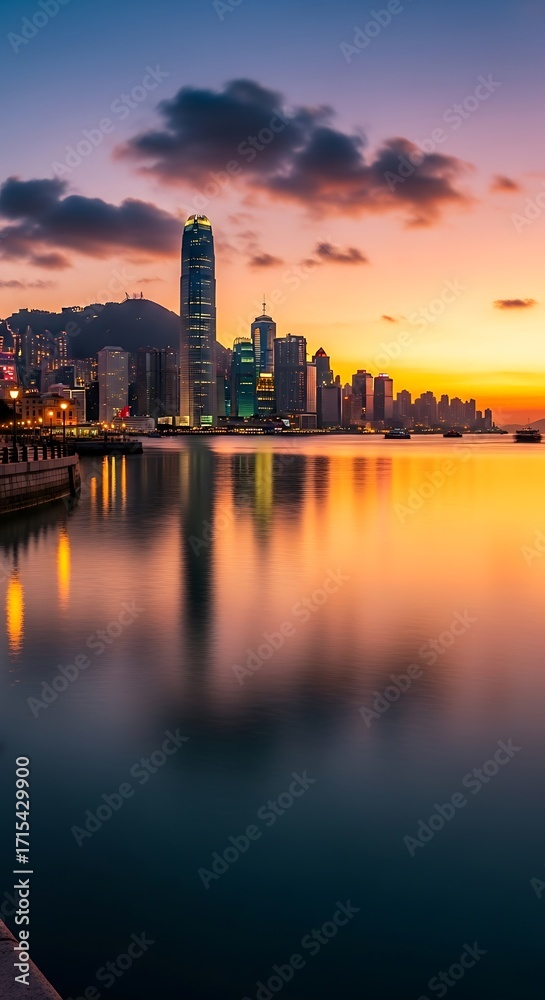 Fototapeta premium A vibrant sunrise paints the skyline of a bustling city, reflecting golden hues on the calm harbor water.