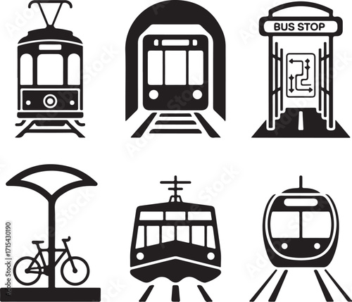 Urban transport icons train bus bike stop modern city