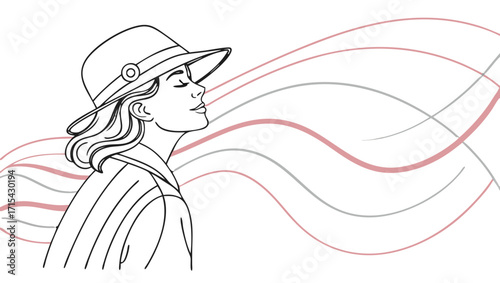 Woman relaxing wearing a sun hat breeze purple line art background vector art design 