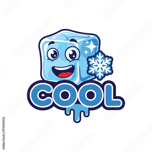 Cool Ice Cube Cartoon Character with Snowflake and Text.