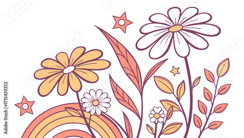 Whimsical daisy garden rainbow stars spring vector silhouettes, floral background with flowers
