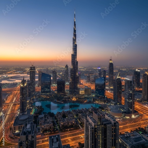 Dubai Skyline with Burj Khalifa at Dusk, Photorealistic 8K
