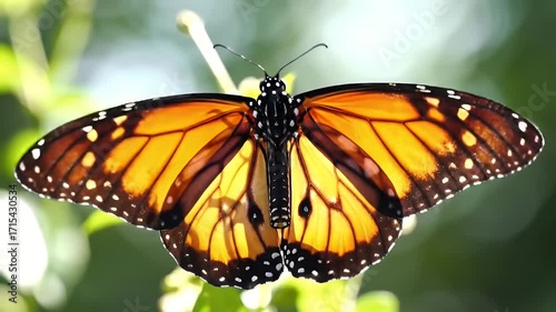 A close-up view of a monarch butterfly with vibrant orange and black wings, showcasing intricate patterns and textures.