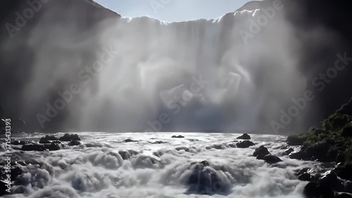 Powerful waterfall cascades over rocky shoreline, showcasing dramatic light and motion.