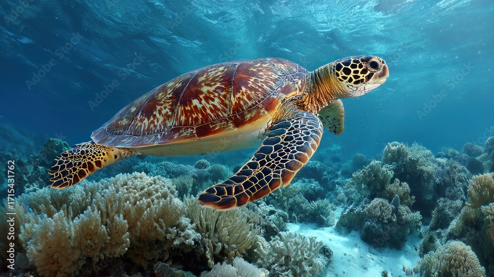 Fototapeta premium Sea turtle swimming gracefully in the clear blue ocean water over a vibrant coral reef ecosystem in the pacific ocean