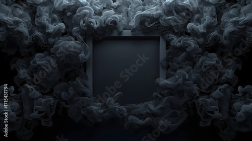 Dark mysterious frame design with dramatic black smoke clouds swirling around an empty square center, creating a moody abstract background for banners, posters, or presentations