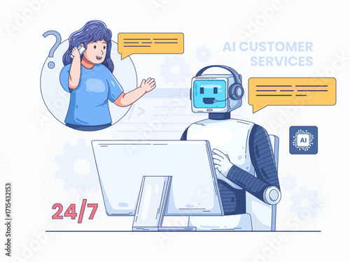 Illustration of customer service supported by AI/artificial intelligence, featuring a friendly humanoid robot wearing a headset and helping human customers through chat and voice support 24/7