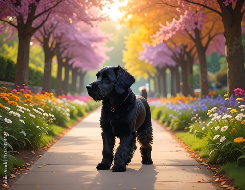 A black dog stands on a paved walkway, surrounded by vibrant flowers and colorful trees in a park setting.