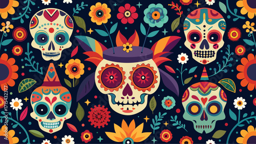 Dia de muertos skull and floral seamless pattern
