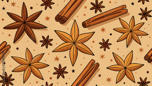 Seamless flat pattern of cinnamon sticks and leaves