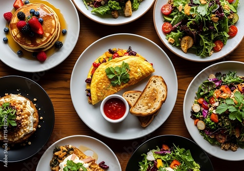 Overhead View of Brunch Table with Omelet Pancakes and Salads breakfast food