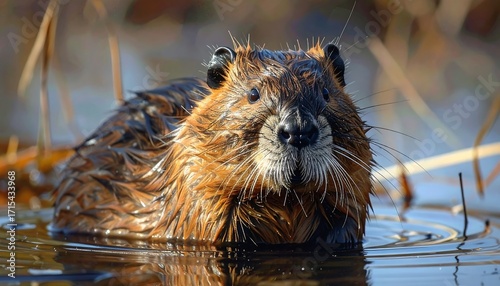 Close-up of a wet, alert nutria, its fur glistening in the sunlight,  emerging from the water's edge.