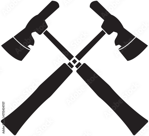 Bold silhouette icon of two crossed knife-edge hammers, symbolizing precision cutting and industrial strength. Ideal for illustrating metalworking, engineering precision, and tool craftsmanship.