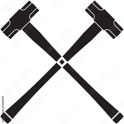 Bold silhouette icon of two crossed sledgehammers, symbolizing strength and demolition. Ideal for illustrating construction, heavy labor, industrial power, breaking work, and rugged craftsmanship.