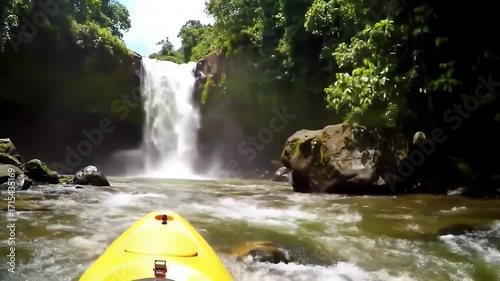 A vibrant kayak adventure on a river, featuring a majestic waterfall.