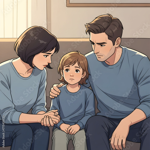 A concerned mother and father comfort their sad child during a serious family conversation.