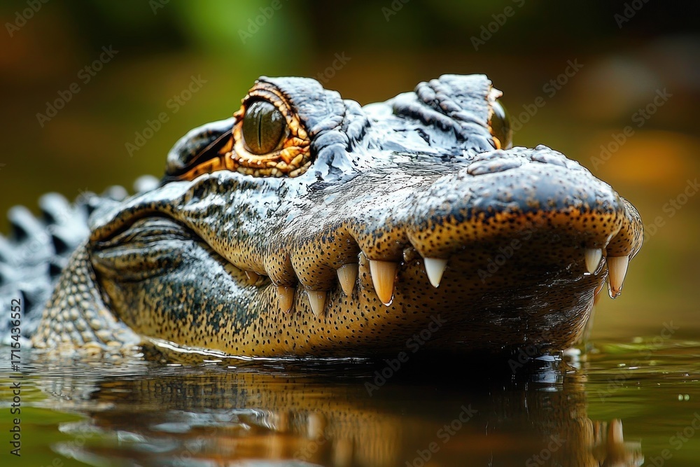 Obraz premium Close-up of a crocodile partially submerged in water with detailed scales, sharp teeth, and focused eyes, conveying a sense of alertness and strength