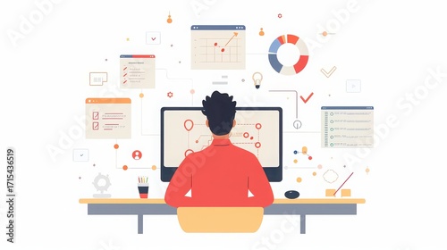 A person working at a desk with multiple screens and charts in a bright and airy office space