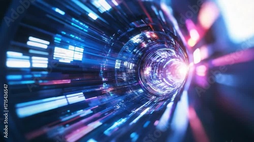 Light Speed Tunnel: An eye-level perspective of a luminous light tunnel, inviting viewers to embark on a vibrant journey.