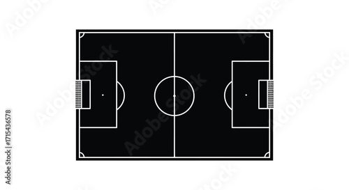 Aerial view of a soccer field with white lines on black background