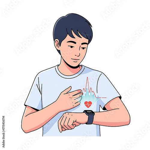 Young man checking heart rate on smartwatch health monitoring