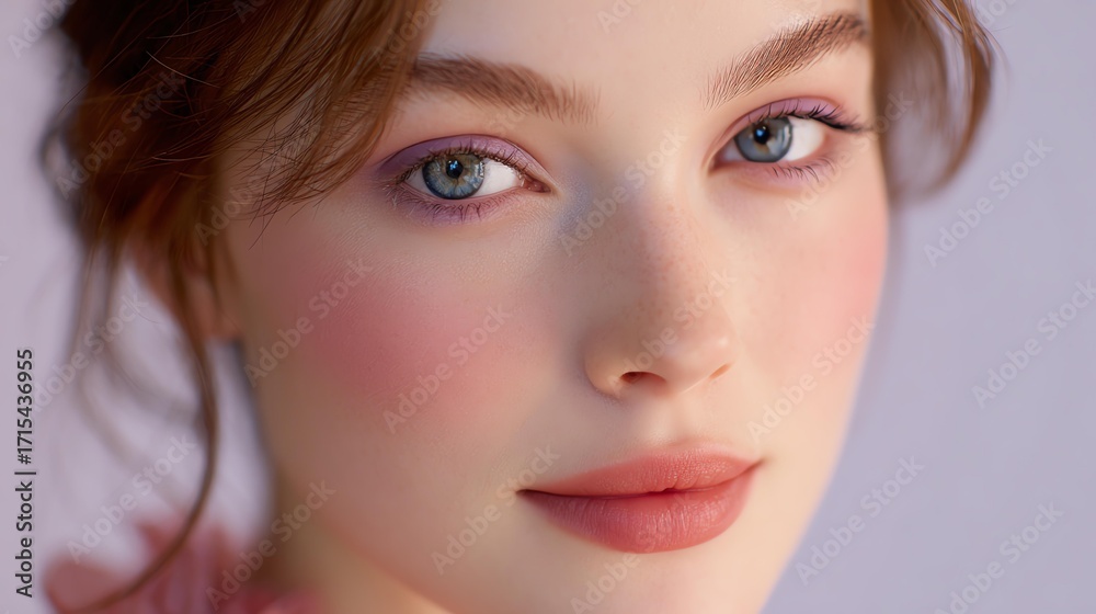 Fototapeta premium Satin Skin Editorial Portraits with Watercolor Blush, Glossy Glow, and Radiant Makeup for Skincare, Beauty Ads, and Aesthetic Branding – Close-Up Portrait of a Young Woman with Natural Makeup and