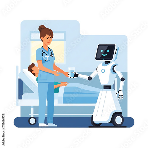 Nurse and medical robot assisting patient in hospital room healthcare technology