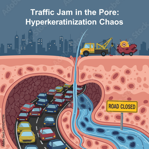 Visualize pore blockage and skin congestion with this illustrative traffic jam concept