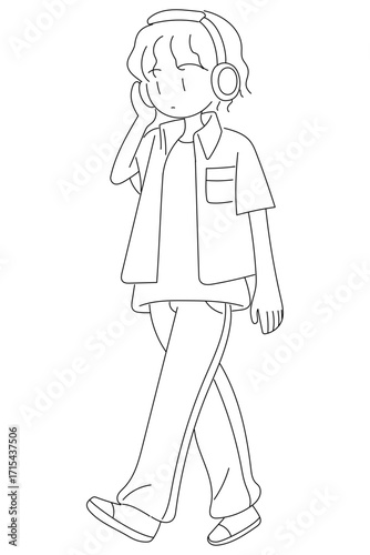 ヘッドホンをつけて音楽を聴きながら歩く男の子のシンプルな線画ベクターイラスト。モノクロのカットアウト素材で、現代的なライフスタイルや音楽、デジタルカルチャー関連のデザインに最適｜男の子,ヘッドホン,歩く
