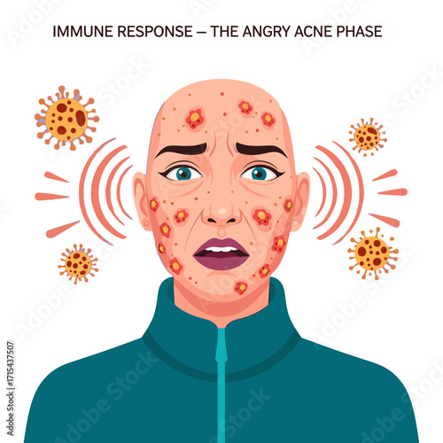 Distressed person experiences inflamed acne breakouts as immune system fights perceived threats