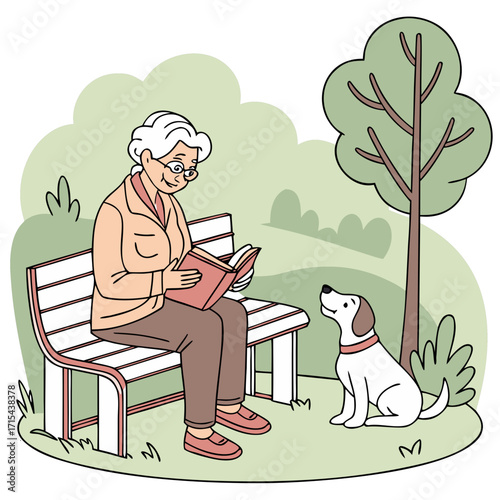 Senior Woman Reading Book with Dog

