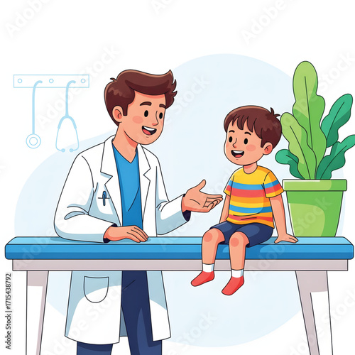 A male doctor in a white coat talks to a young boy sitting on an examination table in a medical office.