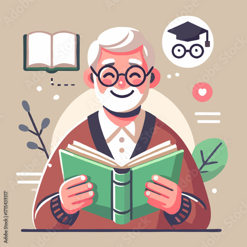 Illustration of an elderly man with a passion for learning reading a book