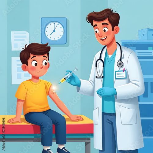 A smiling doctor in a white coat administers a vaccine to a young boy sitting on an examination table in a brightly lit medical office.