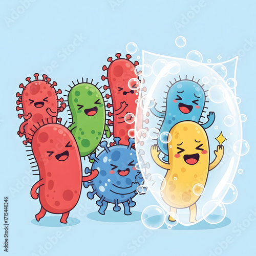 Cartoon illustration of happy, colorful bacteria characters, some protected by a bubble shield, against a light blue background.