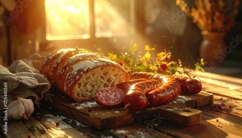 Rustic Charcuterie Board Featuring Bread and Sausages with Sunlight Streaming Through Window and Soft Focus Background