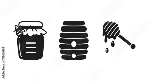 Simple black and white illustration of honey jar honeycomb and dipper