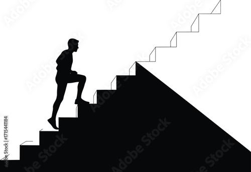 Silhouette of determined person climbing stairs towards success and achievement silhouette on upward path vector