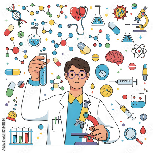 A male scientist in a lab coat holds a test tube and uses a microscope, surrounded by various colorful science and medical icons.