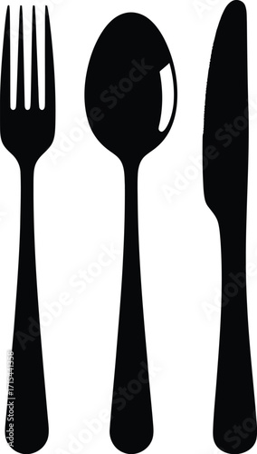 Elegant cutlery silhouette set fork spoon knife tableware dining kitchenware restaurant cafe food service vector