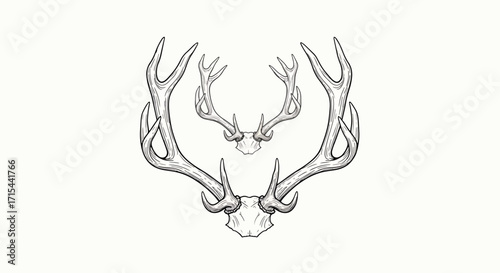 Minimal deer skull with antlers vector illustration, black and white design symbolizing wilderness, hunting, strength, and nature.