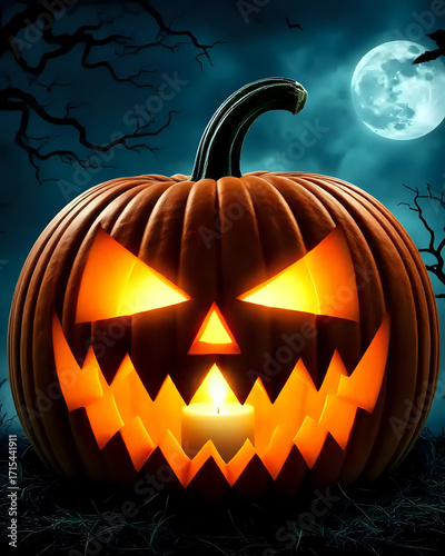 illustration d'une citrouille sculptée pour halloween dans un bois hanté avec des fantômes