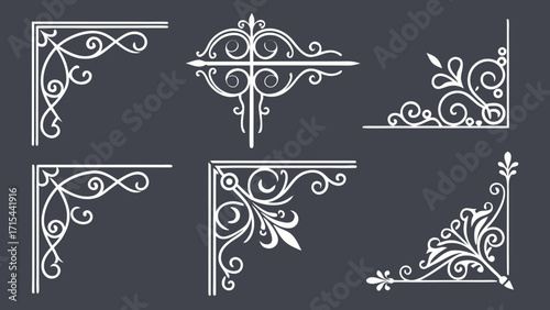 Elegant white ornate corner flourishes and decorative elements
