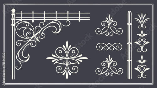 Ornate wrought iron decorative elements and borders