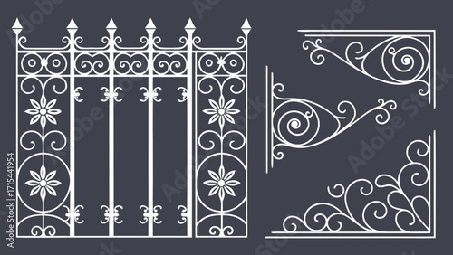 Decorative wrought iron gate and corner scrollwork elements