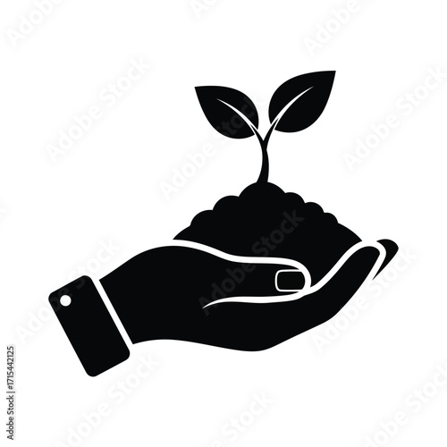 Vector art of hand holding soil with a young plant